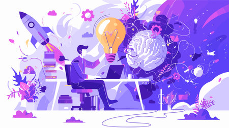 Creative thinking concept vector illustration. Cartoon flat young man and woman sitting at desk, brainstorming, brainstorming, creating new idea. Brainstorming and innovation metaphor.のイラスト素材