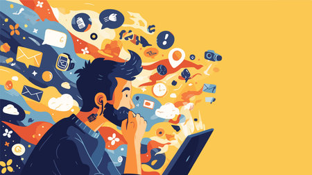 Vector illustration of a man talking on the phone and using a laptop.のイラスト素材