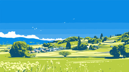 Summer landscape with mountains, fields and meadows. Vector illustration.のイラスト素材