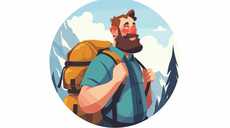 Hiking man with backpack in the mountains. Vector illustration in cartoon styleのイラスト素材