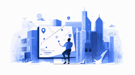 Businessman using augmented reality application for navigation in city. Vector illustration in flat styleのイラスト素材