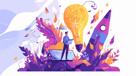 Creative idea concept vector illustration. Cartoon flat tiny man character working on laptop with lightbulb.のイラスト素材