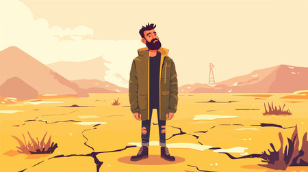 Hipster man walking on cracked ground. Cartoon vector illustration.のイラスト素材
