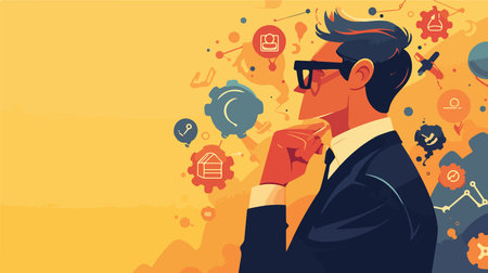 Vector illustration of a businessman thinking about the future. Business concept.のイラスト素材