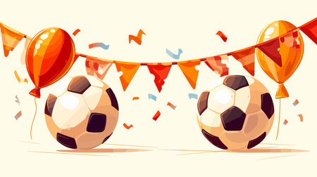 Soccer ball with flags garland and confetti. Vector illustrationのイラスト素材