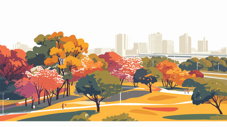 Autumn city park with yellow and red trees. Vector illustration.のイラスト素材