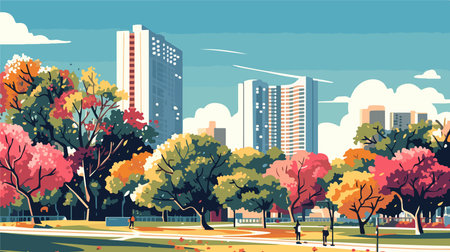 Autumn city park with trees and skyscrapers. Vector illustration.のイラスト素材