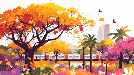 Autumn city landscape with train, trees and flowers. Vector illustration.のイラスト素材