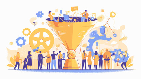 Teamwork and teamwork concept. Vector flat graphic design illustration of business people working together with funnel. Teamwork concept for banner, website design or landingのイラスト素材