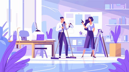Professional Cleaning Service Flat Vector Illustration. Male and Female Janitor Cleaning Floor with Mop and Vacuum Cleanerのイラスト素材