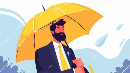 Businessman with umbrella. Rainy day. Vector illustration in flat styleのイラスト素材