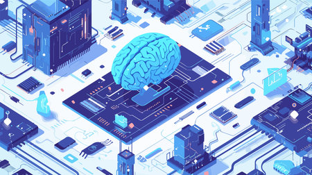 Artificial intelligence isometric background with human brain and circuit board vector illustration