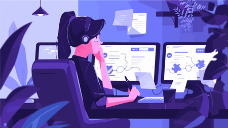 Female gamer in headphones playing video games on computer. Gaming gamers concept. Vector illustration in cartoon styleのイラスト素材