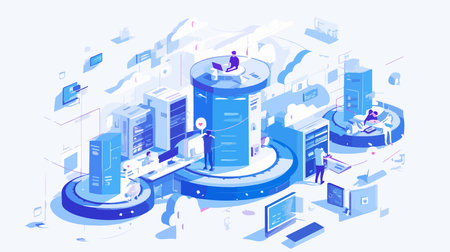 Data center isometric vector illustration. Big data center, server room, big data center, cloud computing and internet technology concept.のイラスト素材