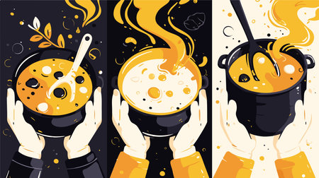 Hands holding pot with soup. Vector illustration in flat style.のイラスト素材