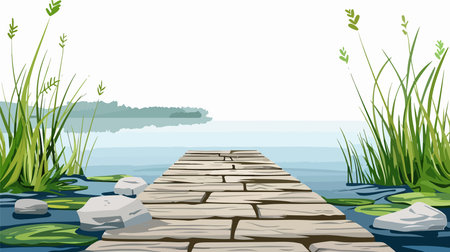 Illustration of a wooden walkway leading to the lake on a white backgroundのイラスト素材