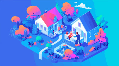 Isometric vector illustration of a family with children on a walk in the park.のイラスト素材