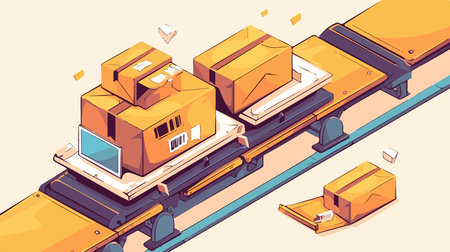 Isometric vector illustration of a conveyor belt with cardboard boxes.のイラスト素材