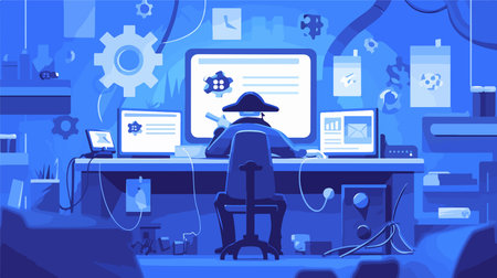 Vector illustration of a flat design of a modern office workplace with a computer, laptop, tablet and other items.のイラスト素材