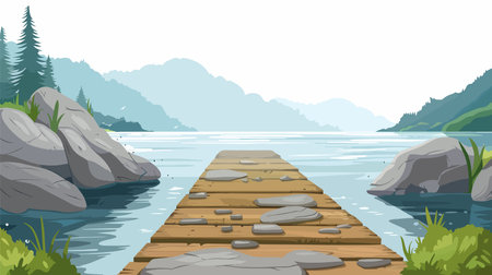 Wooden boardwalk over the lake in the mountains. Vector illustration.のイラスト素材