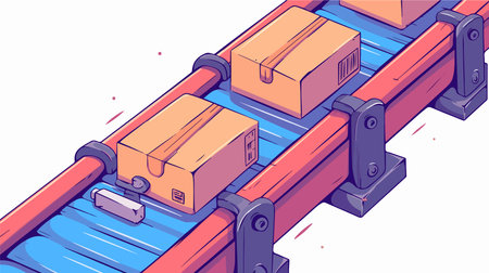Conveyor belt with cardboard boxes on conveyor belt. Vector illustration.のイラスト素材