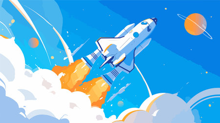 Space rocket in the sky. Vector illustration of a flat design.のイラスト素材