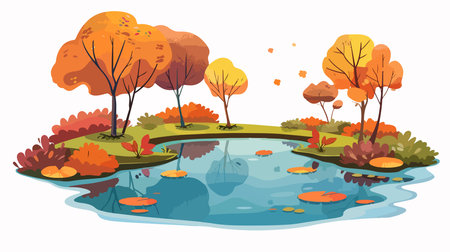 Autumn landscape with pond and trees. Vector illustration in cartoon styleのイラスト素材