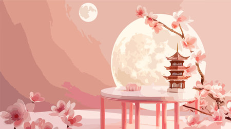 Cherry blossom and Chinese lanterns on table. Vector illustration.のイラスト素材