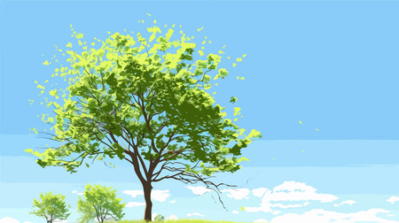 Tree with green leaves on the background of blue sky. Vector illustration.のイラスト素材
