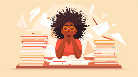 Tired african american schoolgirl sitting at desk with piles of books. Vector illustration in cartoon styleのイラスト素材