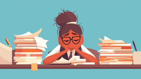 Tired businesswoman sitting at desk with piles of books. Flat vector illustration.のイラスト素材