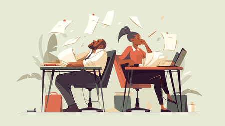 Tired stressed african american businesswoman sitting at desk and working with documents. Flat vector illustrationのイラスト素材