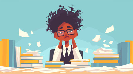 Frustrated african american businesswoman sitting at the table with piles of paper and books. Flat vector illustration.のイラスト素材
