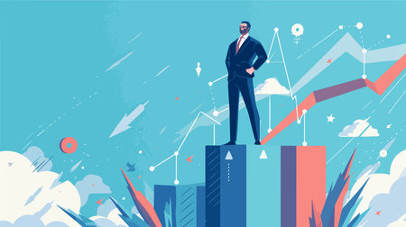 Businessman standing on top of growing graph. Concept of successful business. Vector illustrationのイラスト素材