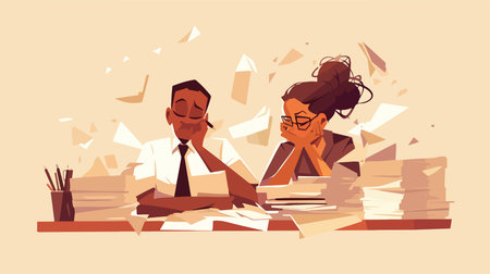 Tired businesswoman and businessman sitting at office desk with piles of papers, flat vector illustration.のイラスト素材