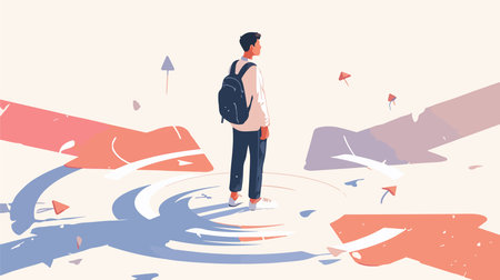 Vector illustration of a young man walking on the road. The concept of hitchhiking.のイラスト素材