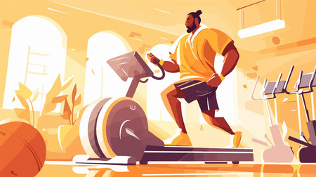 Fitness man running on treadmill in gym flat vector illustration. Cartoon male athlete training on...