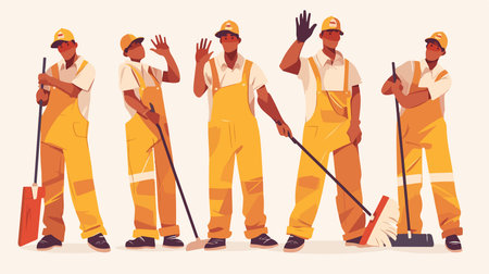 Group of professional janitors. Vector illustration in flat cartoon style.のイラスト素材