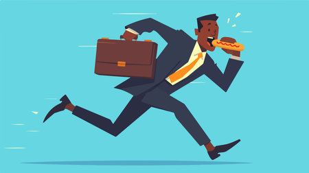 Businessman running with burger and briefcase. Vector illustration in cartoon styleのイラスト素材