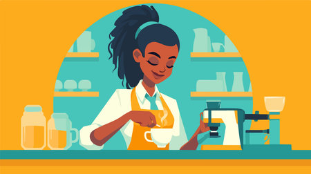 Young african american woman barista making coffee. Vector flat illustrationのイラスト素材