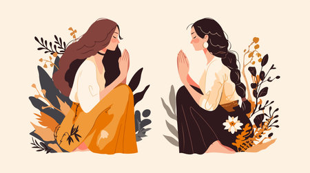 Set of two vector illustrations of a beautiful girl with long hair in a long skirt.のイラスト素材