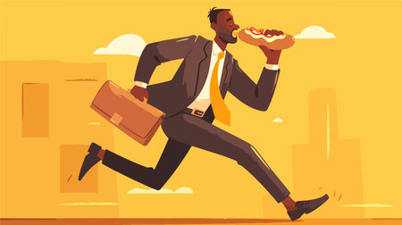 Businessman running fast with pizza in his hand, vector illustration.のイラスト素材