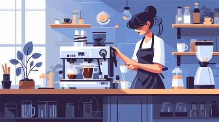 Woman barista making coffee in coffee shop. Flat style vector illustrationのイラスト素材