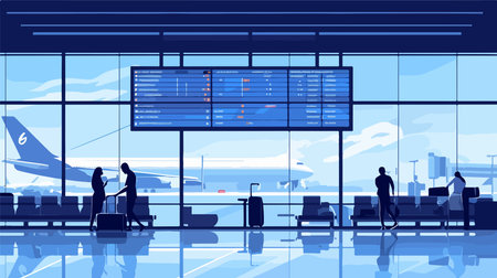 Airport terminal interior with passengers and flight information board. Vector illustrationのイラスト素材