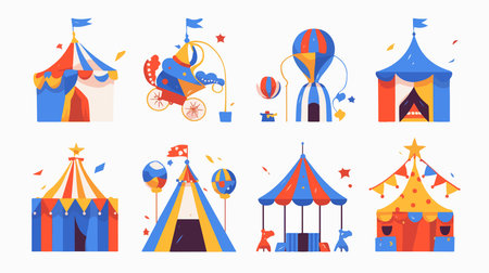 Circus tent vector set. Illustration of a circus tent, carousels, balloons and flags.のイラスト素材