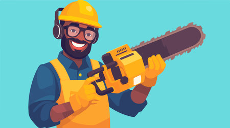 Lumberjack worker with chainsaw. Vector illustration in cartoon styleのイラスト素材