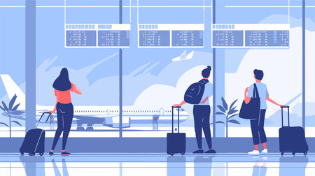 Airport terminal interior with passengers, flat vector illustration. Woman and man in airport terminal waiting for flight.のイラスト素材