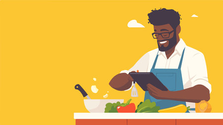 An african-american man in apron and eyeglasses cooking in the kitchen. Cheerful black man using tablet computer while preparing food. Vector flat design illustration. Horizontal layout.のイラスト素材