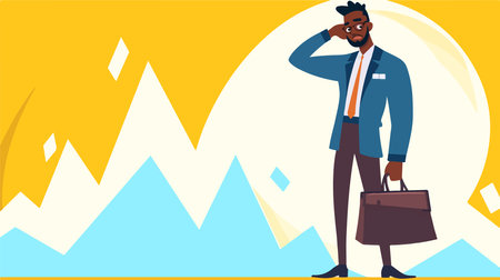 Young african-american businessman with briefcase on the background of mountains.のイラスト素材