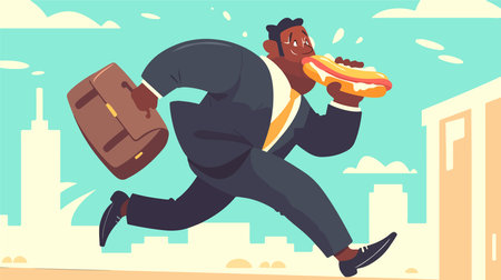 Businessman running with hot dog and briefcase. Vector illustration.のイラスト素材